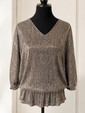 Chaus New York Metallic Gold Shimmer Blouse L Rhinestone Batwing Open Sleeve